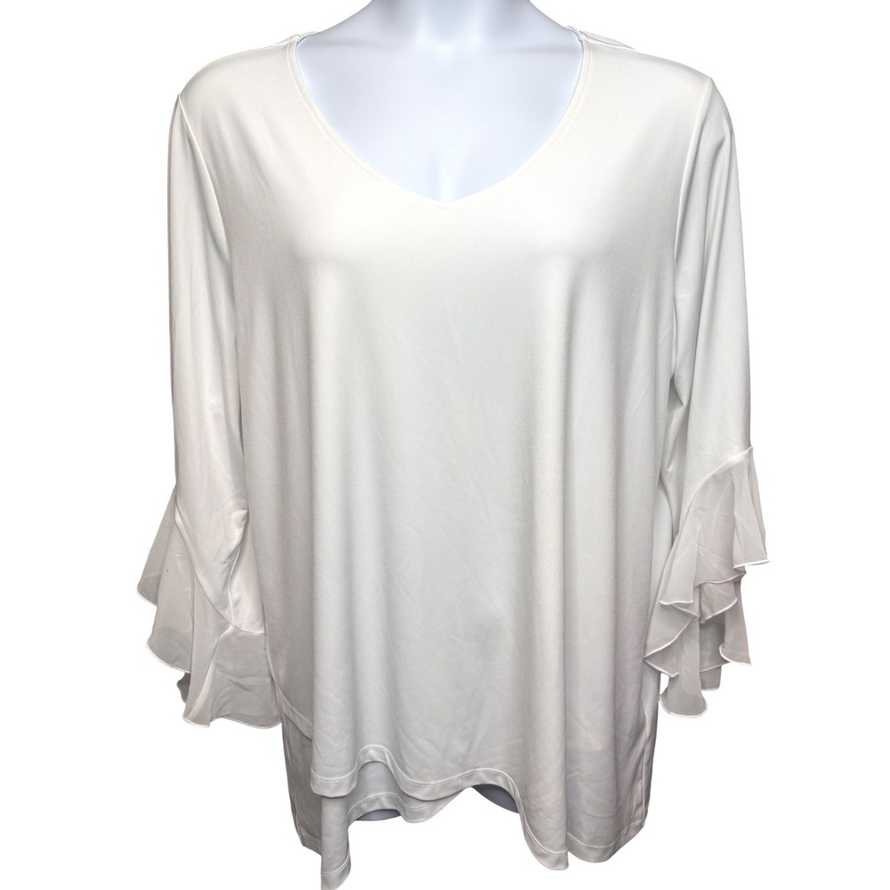 SUSAN GRAVER Womens White Tiered Bell Sleeve Tunic Top 2X Romantic Flowy Chic